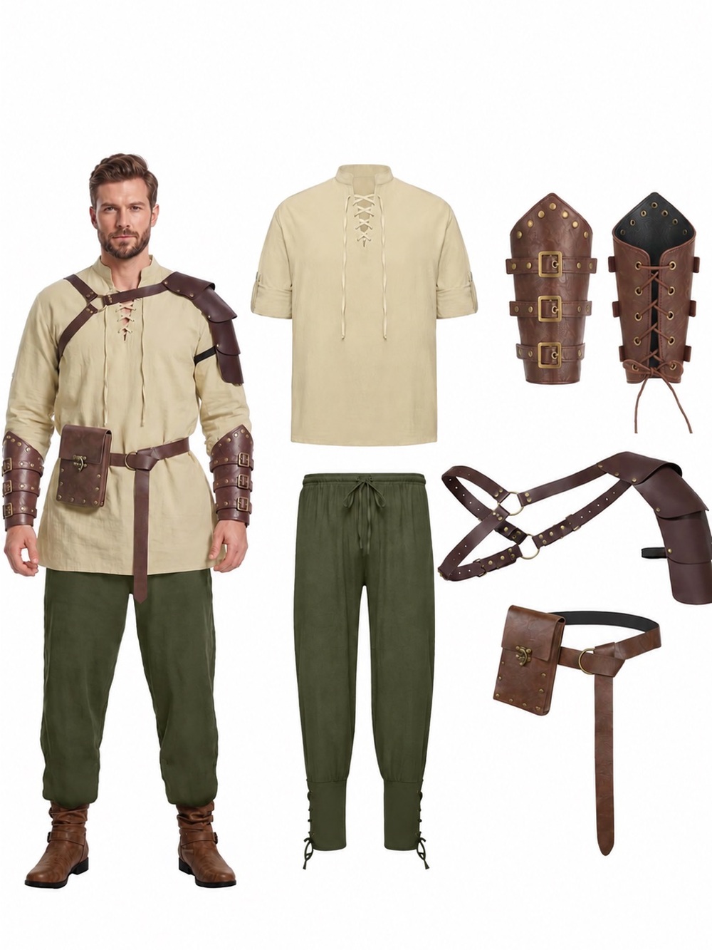 Pirate Costume Men’s Small 7 piece NEW Khaki/Army Green